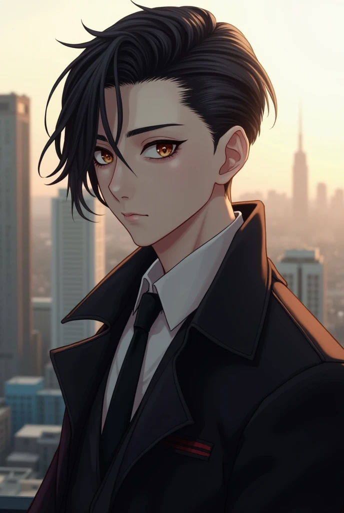 1boy, guy, solo, pale skin, portrait, close-up, Sleek, medium-length hair parted to the side, black hair, brown eyes, pose, Suit and tie, sophisticated coat,, Urban rooftop with a view of skyscrapers and the city skyline ,Punk Aesthetic, Rebellious Attitud...