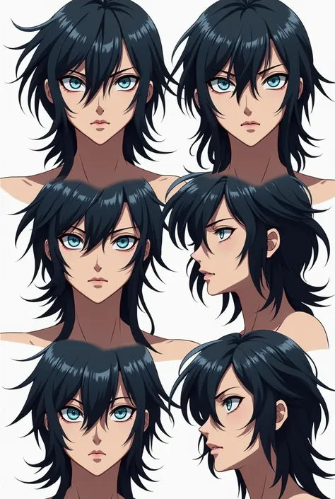 Un   homme danime au yeux froid et au cheveux mulet medium et dans plusieurs case de la creation du personnage sous 7 
different angle de son visage cherche affiche
