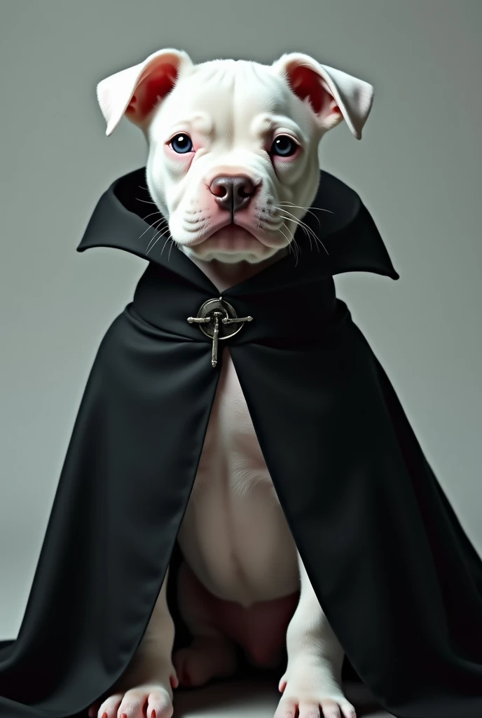 Create an image of a white pit bull puppy with the Severe Snape costume from Harry Potter 