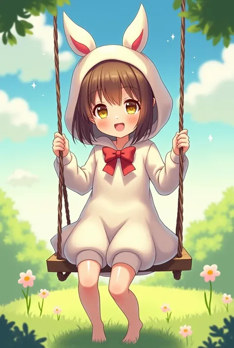 
Teen anime girl,  hair to the shoulders brown color ,  Yellow Eyes , white muffin costume, on a swing 