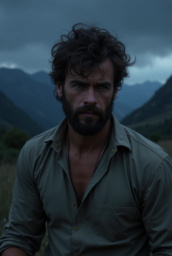 Calm eyes messy hair not too much black shirt normal beard dark nigh with mountains 