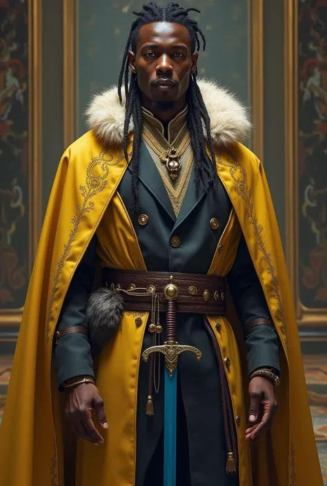 Make a 25-year-old ,  of black skin ,  with short dread-style black hair and brown eyes . He is tall and clear-bodied .  He is wearing a black suit covering his entire body with a golden robe around his shoulders.  He has a cord with a wolf coat around his...