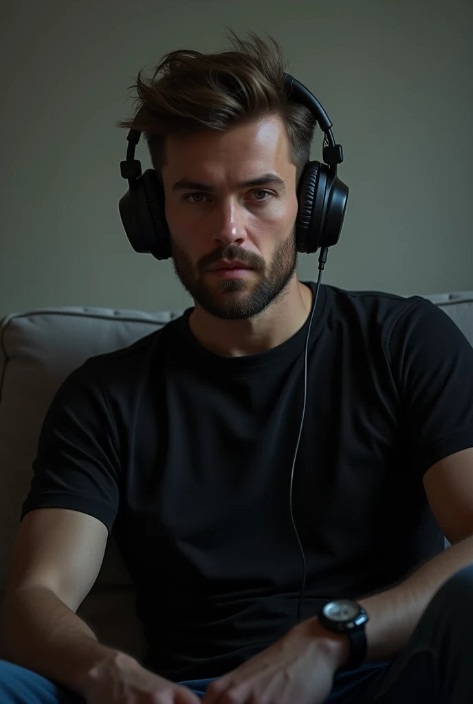 A man who is using headphone his cloth color is black t shirt or seat down position 
