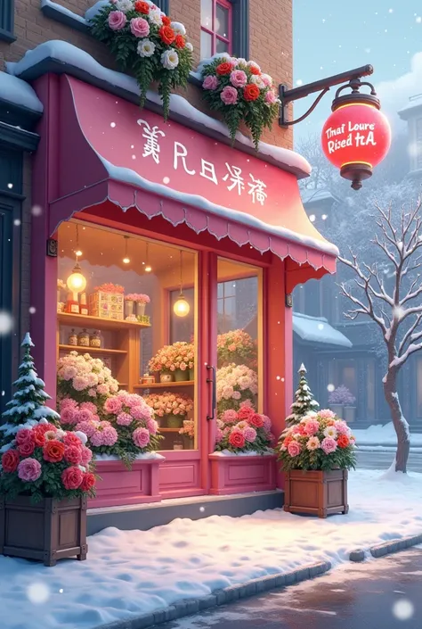 a pink-colored flower shop with bouquets of flowers behind a glass window on the citys snowy New Years street