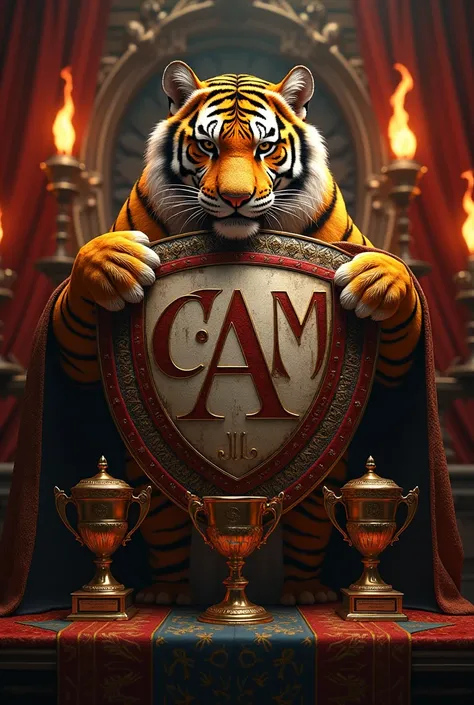 Create a shield with the letters CA M and if you get a tiger around the tiger, there must be trophies, a gastronomic costume and three torches. 
