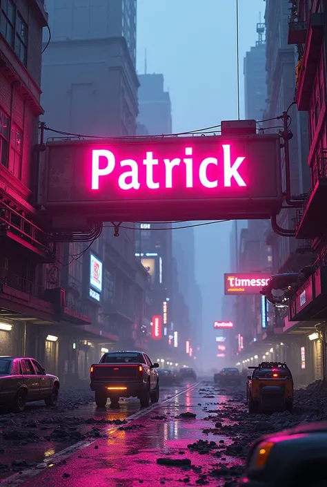 Futuristic destroyed city, bright and realistic colors, with a sign saying Patrick, neon in the city