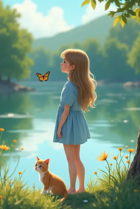  A woman with wavy light brown hair with a blue blouse nearby. At a lake  ,  with her little black kitten next to .  The girl admires a roosting butterfly 