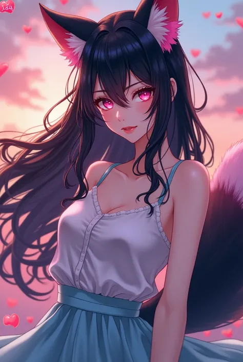 a black-haired woman with pink highlights,  with pink fox ear , pink fox tail ,  Her pink eyes Wearing satin blouse , light blue skirt. Evening scenario . manhwa