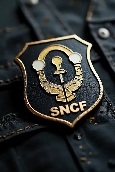 A special force badge , with drawing of a WC and light bulbs intertwined
Special force team is called DE 2 Super Gueux with SNCF written on the lower part 