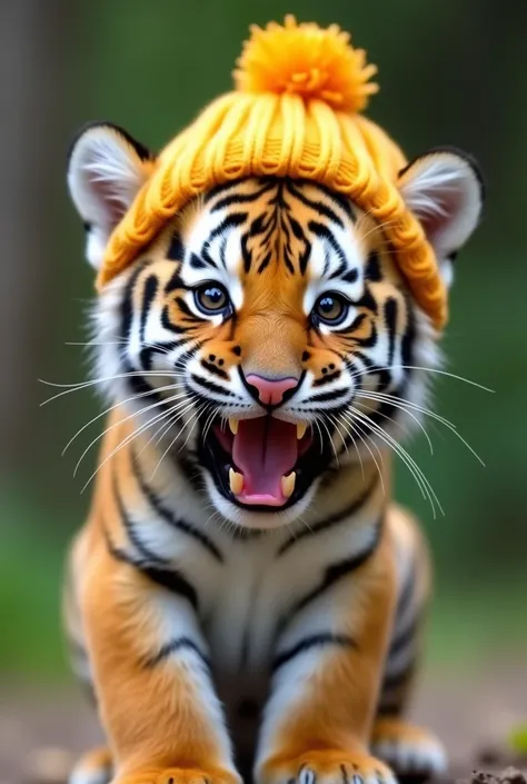 This image shows a tiger cub featured, with orange fur, black stripes and white areas on the face, chest and around the eyes. Hes wearing a yellow knit hat with a wool texture and a pompom on top, which adds a fun and cute look.

The tiger has its mouth op...