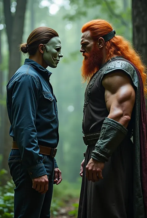  Man in Michael Myers mask, faced with a huge man , muscular,  long hair, barbudo, redhead,  in forest wizard costume . Mortal Kombat 