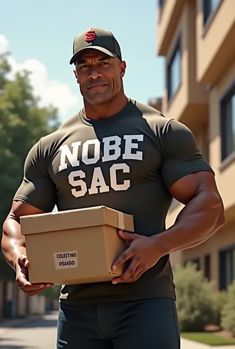 Dwayne Johnson delivering an order online and that he has a delivery uniform that says Nobe Sac in large letters and on the box says Celestino Pisado in small letters 