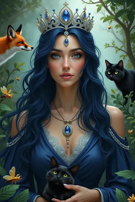 White teacher, wisdom,  magic, woman, dark blue hair, black eyes, healer,  fox, black cat, bees,, garden, silver crown with sapphire на челото , phoenix bird, litle gold dragon