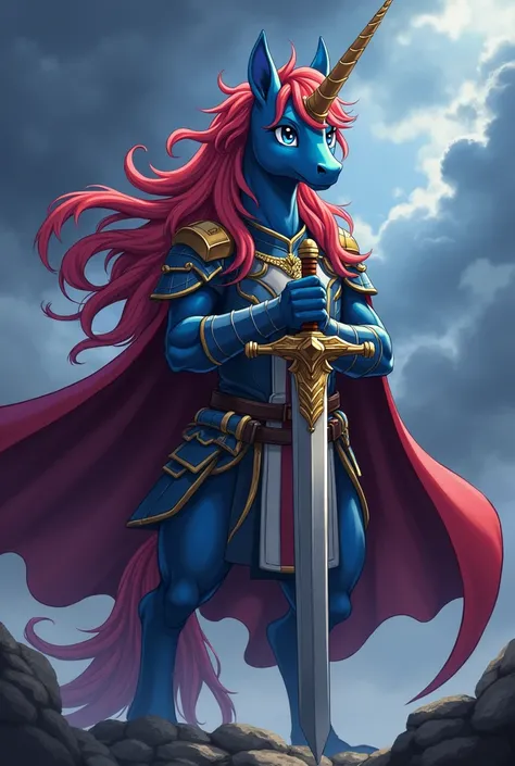 Alicorn pony male, sfw, anime, cartoon, blue fur, red long mane, blue eyes, scar on left eye, ceremonial armor uniform, welding a cavalry sword, wear a cape blowing in the wind, background dark and cloudy