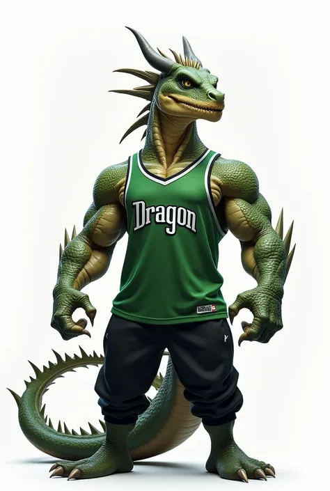 nervous dragon bodybuilder, wearing a green NBA jersey tank top written DRAGON, and black sweatpants, on a white background