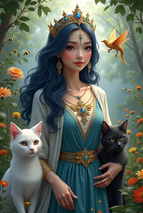 White teacher, wisdom,  magic, woman, dark blue hair, brown eyes, healer,  fox, white cat, black cat, bees,, garden, silver crown with sapphire на челото , phoenix bird, litle gold dragon