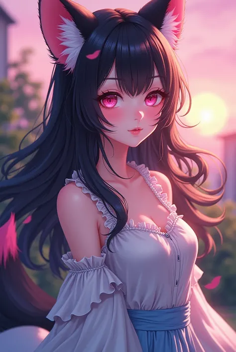 a black-haired woman with pink highlights,  with pink fox ear , pink fox tail ,  Her pink eyes Wearing satin blouse , light blue skirt. Evening scenario . manhwa