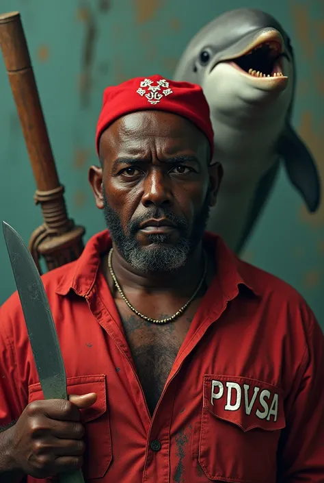  Black man , Afro-descendant , fake body , paunchy, ugly ,  without hair on the face , sweaty,  short of stature ,  red cap embroidered with the word PDVSA ,  broken red shirt embroidered with the word PDVSA,  with machete in the hand , , with a face of su...