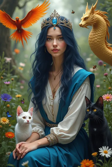 White teacher, wisdom,  magic, woman, dark blue hair, brown eyes, healer,  white cat, black cat, bees,, garden, silver crown with sapphire на челото , phoenix bird, gold dragon, стихии