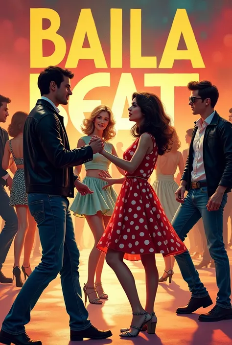 Make a poster written Baila Beat 60 , with the scenery and the women wearing the polka dot outfit and the men wearing jeans and leather jackets from the 60s and dancing.