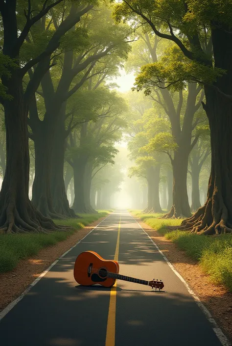  The view of an endless road ,  plane trees on each side ,  with roots that break the tar in the road, A guitar in the middle 