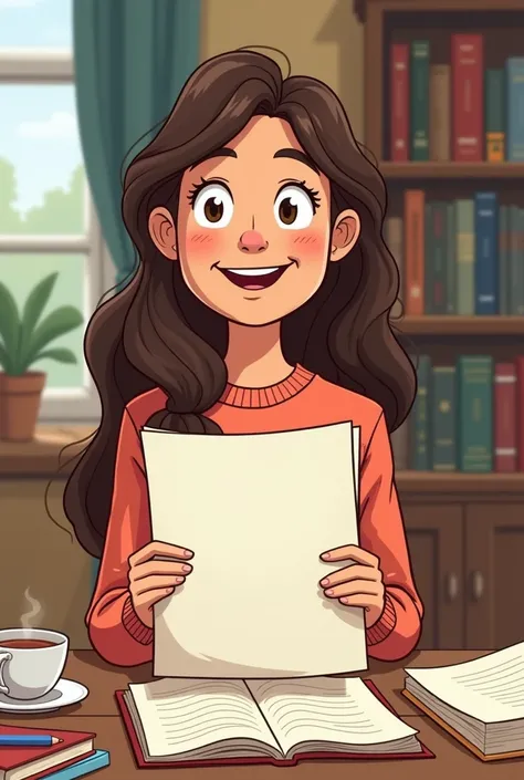 Picture 5 cartoon:  Clara receiving a letter from an editor .

 a big smile on your face ,  holding a formal letter from the publisher . Shes at your house,  surrounded by her notes and books , with a cup of tea next to it. In the background,  the book she...