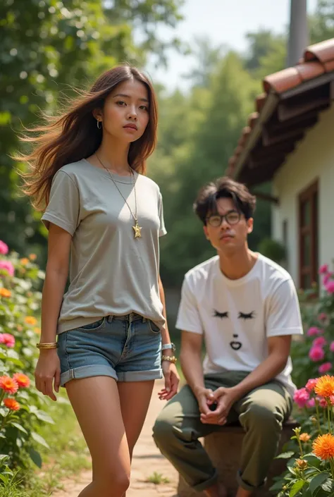 Beautiful 25 year old European woman with long straight brown hair blowing in the wind wearing a t-shirt ash ash motif little star ,in short jeans , flip flops ,wearing a necklace, 25-year-old Asian man wearing white t-shirt with picture of Emot in cargo p...