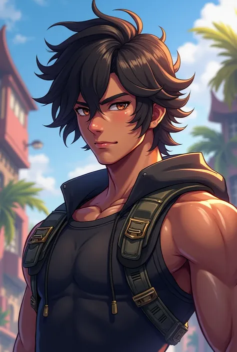 A guy from Free Fire like anime medium curly hair mpreno