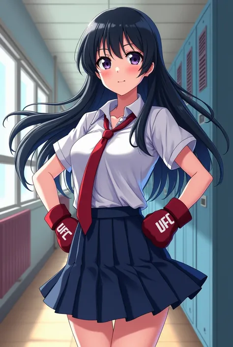 Long black hair anime girl wearing school uniform, in the art style of the anime YuruYuri, wearing ufc gloves 