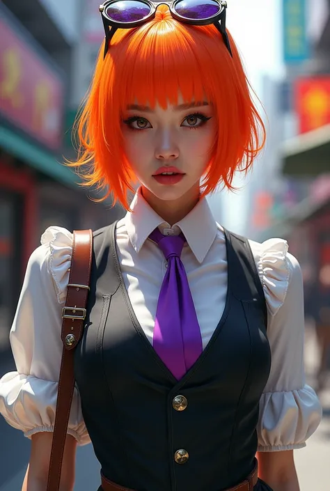 Hyperrealistic artistic portrait of a Korean woman with neon orange hair and a layered cut, wearing a black vest, white steampunk blouse and purple tie, dark makeup and a defiant expression, in a vibrant and contrasting urban environment.