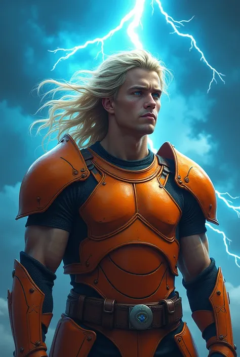 Blue eyed blond soldier Dul Brasileiro blue background lightning orange armor
