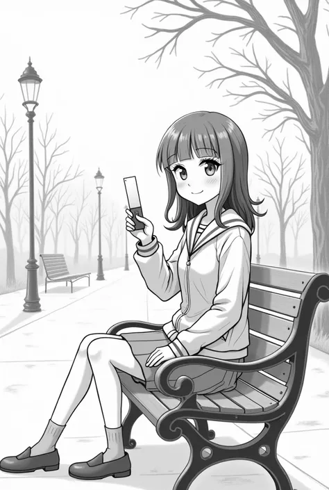 Generate a pencil drawing containing a scene where a girl sitting on a bench in a park in front of her is smiling and showing with her right hand a rectangular product that is not anime style but cartoon style