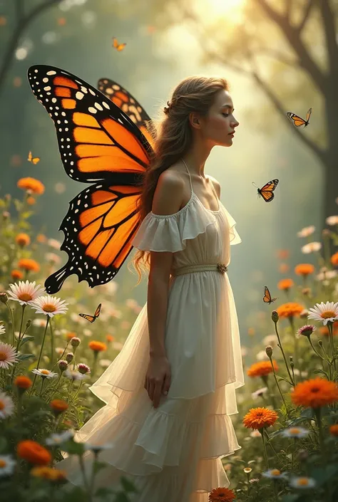  Create realistic photos that draw shows a woman looking like a fairy in a forest full of magic.  It has large butterfly wings with glowing orange and black patterns .  Her dress is ivory white with soft flowing ruffles ,  symbolizing purity and elegance ....