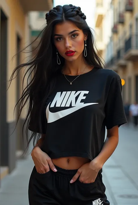 Une jeune grecque belle realiste aux cheveux longs noirs avec une couronne de tresses realiste veut faire une fellation en portant un t-shirt Nike noir gros logo blanc et un pantalon noir décontracté Nike avec logo Nike assorti, elle a les tétons qui point...