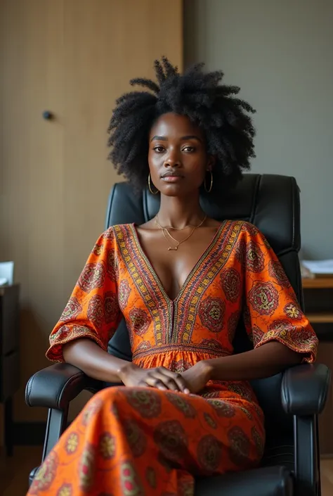 A black African young woman wearing her dresses sitting in her office chair looking straight to the camera 