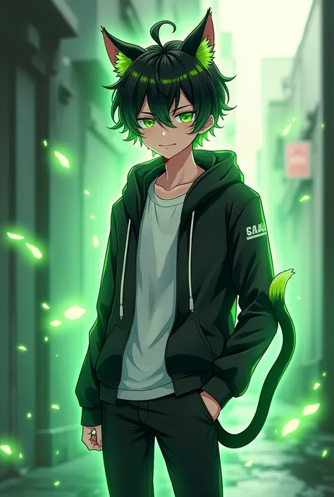 young anime man , high, handsome,  with cats ears and tail , black hair with green highlights, black and white casual clothing ,  with Acha wrapped in bright green raysrd