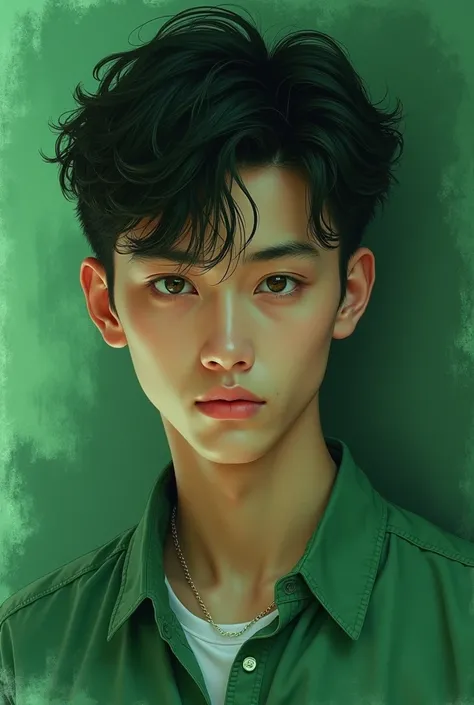 A drawing of the face of a handsome and aesthetic 19-year-old boy ,  with a green color palette