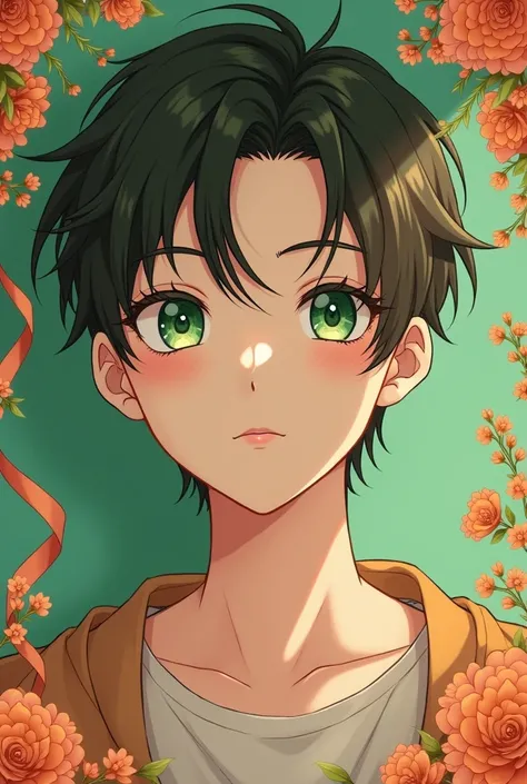 A drawing of the face of a handsome and aesthetic 19-year-old boy , handsome and aesthetic with an anime-style green color palette with kawaii cinnamon accessories plus green 