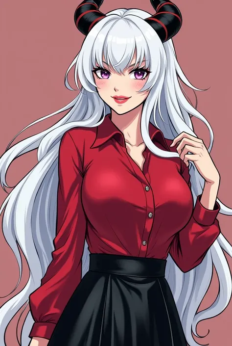 adult woman,  hair in the color snow white . Stuck in pointail . purple eyes.  red lips ,  Mischievous smile .  features small dragon horns ,  in the color black with red reflections .  wearing a red satin blouse and a black skirt. Black booties .  Manhwa ...