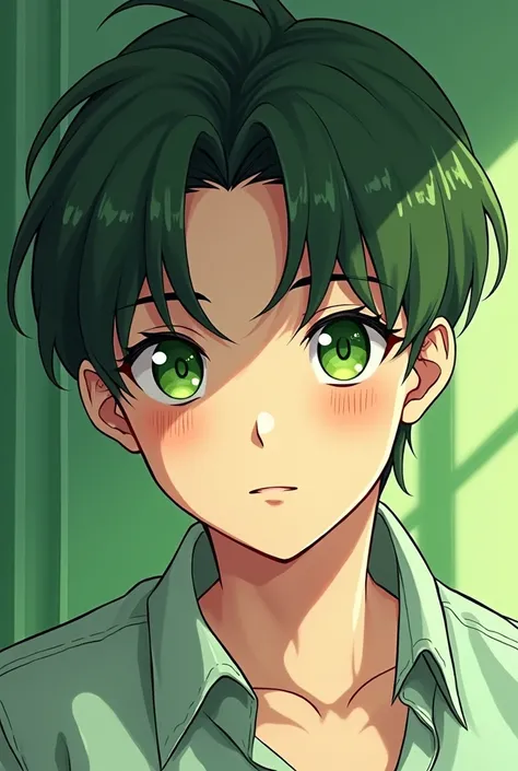 A drawing of the face of a handsome and aesthetic 19-year-old boy , handsome and aesthetic with an anime-style green color palette with kawaii cinnamon accessories plus green with various shades of green 