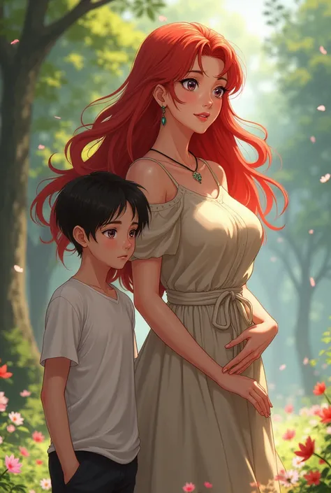 A full-body anime-style mature red-haired woman next to a young teenager 