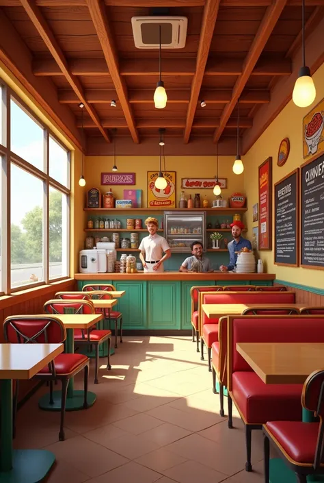 Create an image of the place inside with its chairs and tables where they sell corn dogs

