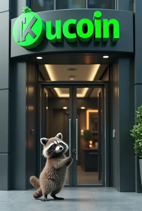  A raccoon knocking on the door of a large brokerage firm, with the name Kucoin in green on the building  