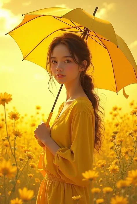 Teenage Girl wearing yellow clothes yellow sky yellow flowers yellow umbrella beautiful wrinkled eyes real life