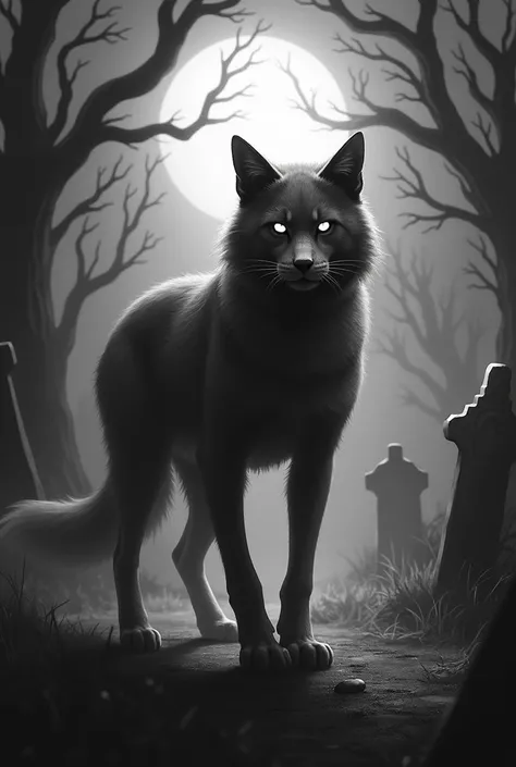 Draw in black white a hybrid animal with the sleek, agile body of a cat but the head of a dog. This creature should be set in a terrifying environment, such as a spooky graveyard at midnight, with thick fog and twisted trees in the background. The hybrid s...