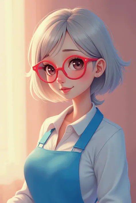  Psychopedagogue woman light hair up to her shoulders fair complexion ,  long eyelashes honey-colored eyes ,  king blue apron for psychopedagogue , red lenses .
Sleeping ,  long sleeve apron that is optical lenses not sunglasses that are a nice pastel back...