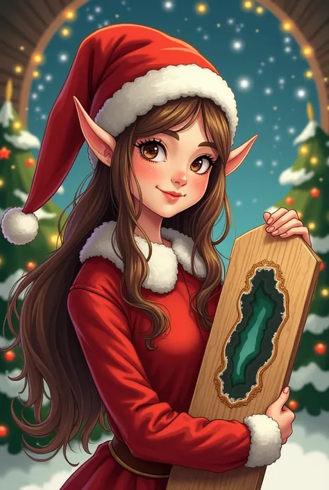 Christmas elf drawing older girl ,  long brown hair, red elf costume with matching hat,  wear a wooden board with Agate  , Christmas background 