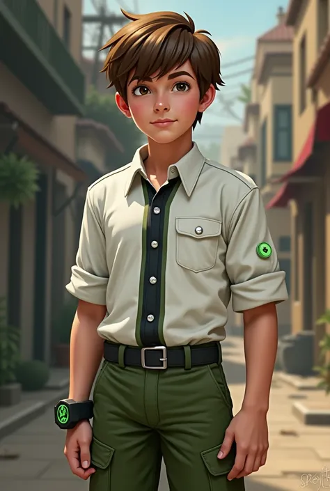   boy wearing a black watch with green light ,  the boy a white shirt with a vertical stripe in the middle, and he has green military pants , and brown hair, The watch has the Ben 10 symbol