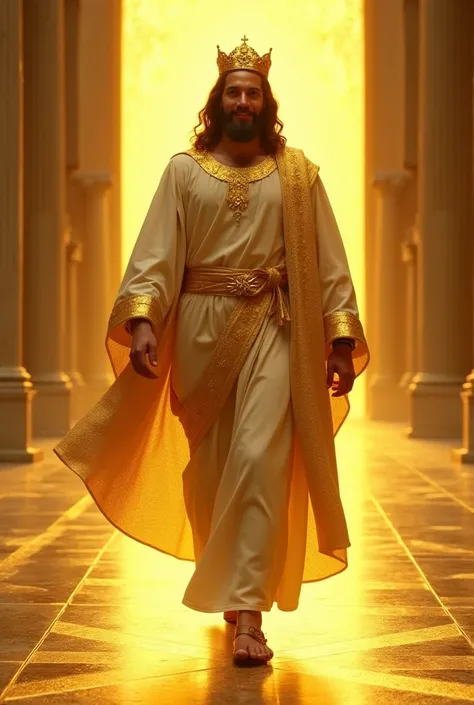 " Jesus walking along a golden walkway that shines brightly ,  with a resplendent gold gate in the background . He is tall and strong,  with light brown hair up to his shoulders ,  full and well-groomed beard ,  and a radiant smile that transmits joy and p...