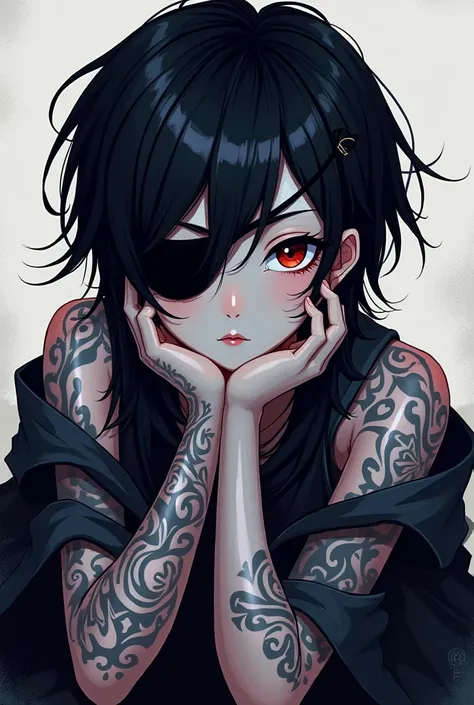 anime, Pixel, black hair,  eye patch , white skin, gothic style ,  tattoos on arms